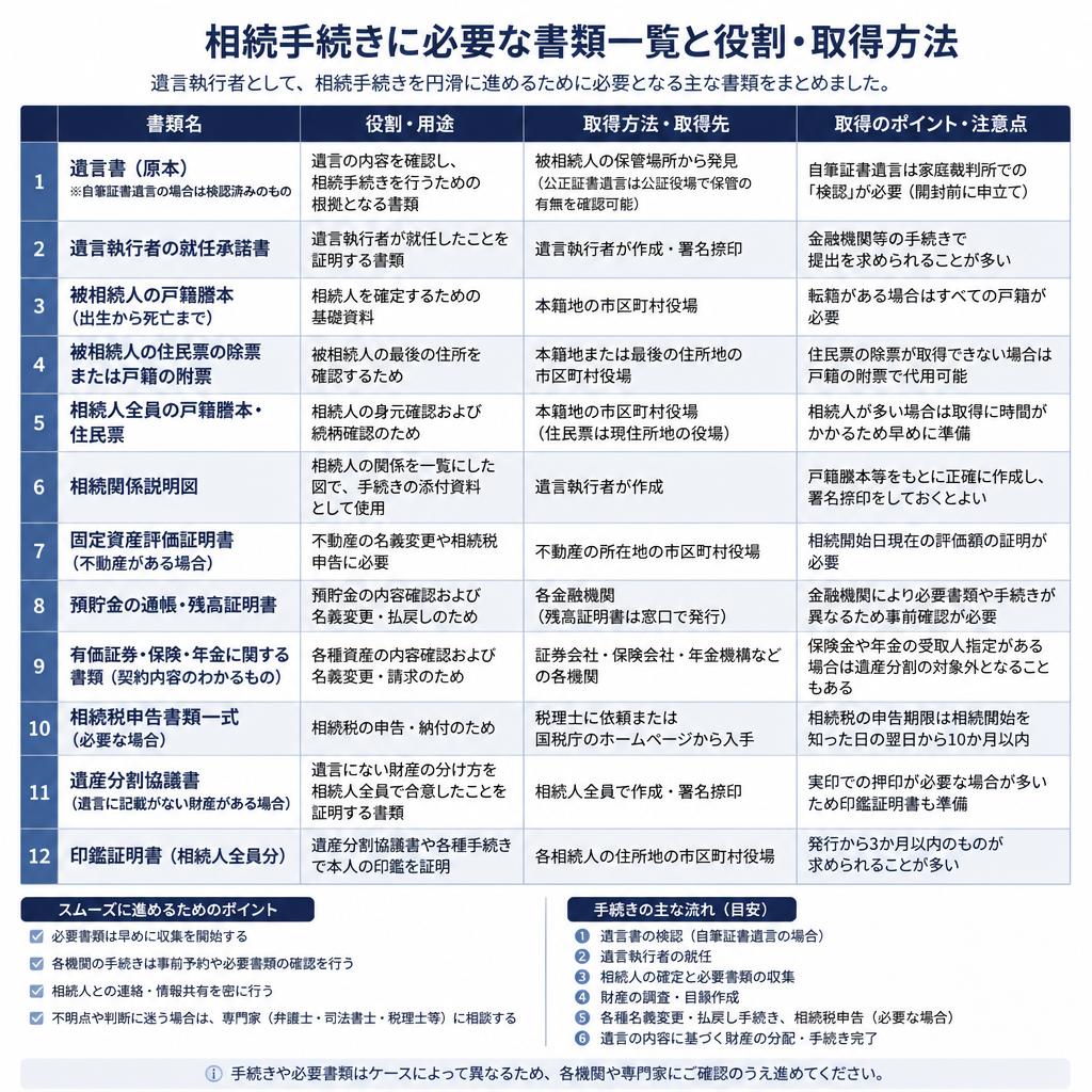 遺言執行者が必要とする書類一覧